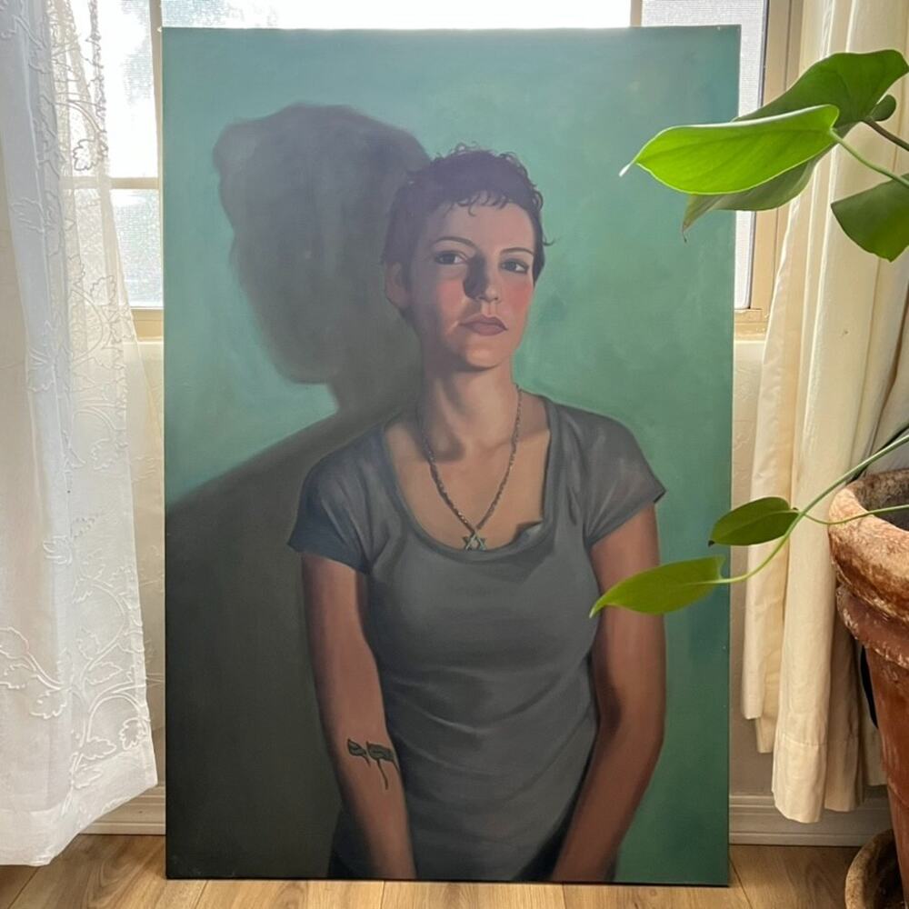 Figurative oil painting on canvas depicting a person muted green background
